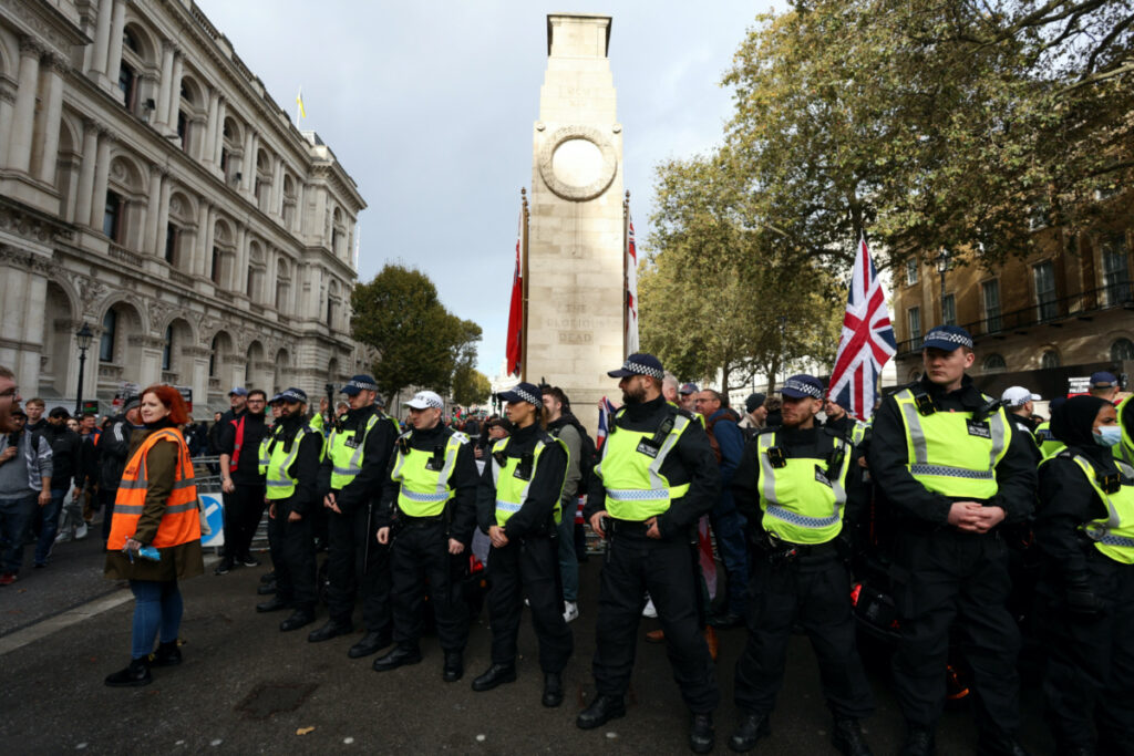Police officers guard the Cenotaph on the day of a protest in solidarity with Palestinians in Gaza, amid the ongoing conflict between Israel and the Palestinian Islamist group Hamas, in London, Britain, on 28th October, 2023