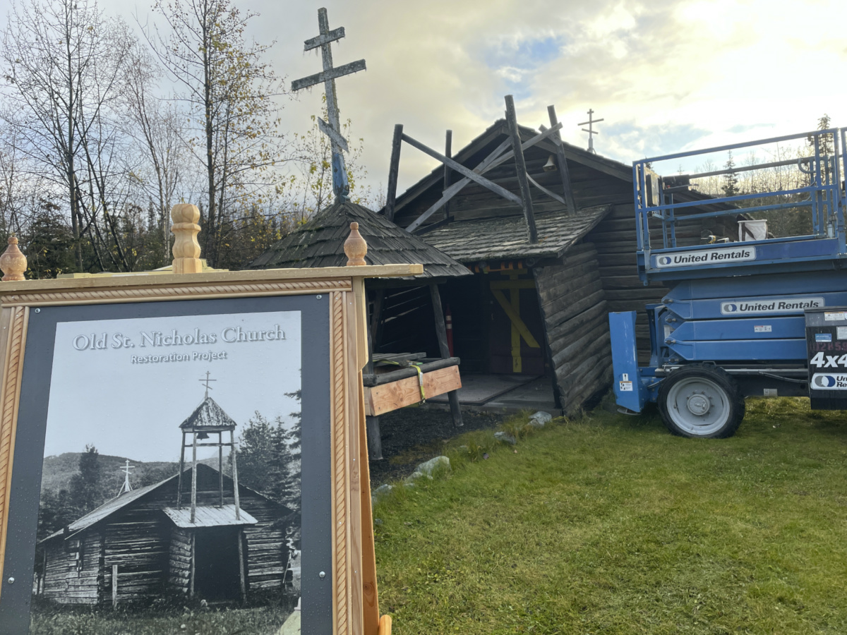 Seen is the old St Nicholas Church in Eklutna, Alaska, after the bell tower was removed from above the entryway on 13th October, 2023