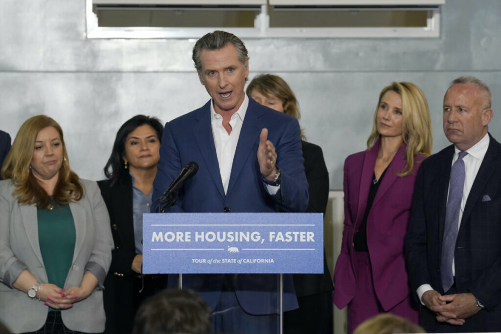 California Governor Gavin Newsom announces a proposal to build 1,200 small homes across the state to reduce homelessness in Sacramento California, on 16th March, 2023