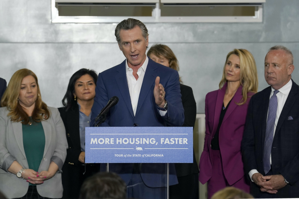 California Governor Gavin Newsom announces a proposal to build 1,200 small homes across the state to reduce homelessness in Sacramento California, on 16th March, 2023