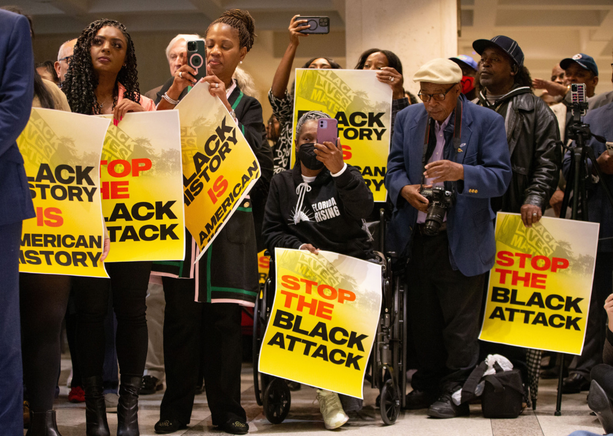 A large crowd gathers on the fourth floor rotunda of the Florida State Capitol in Tallahassee, Florida, for the "Stop the Black Attack" rally, on Wednesday, 25th January, 2023