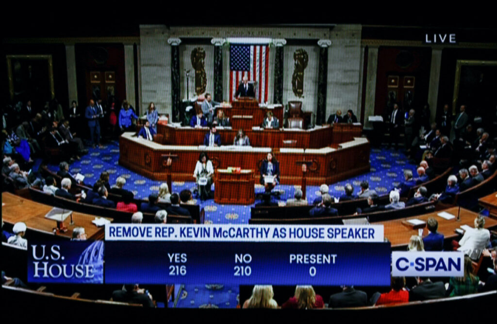 A motion to vacate the chair of House Speaker Kevin McCarthy and end McCarthy's continued leadership as Republican Speaker of the House passes by a vote of 216-210, in this frame grab taken from live C-SPAN television footage shot at the US Capitol in Washington, US, on 3rd October 2023