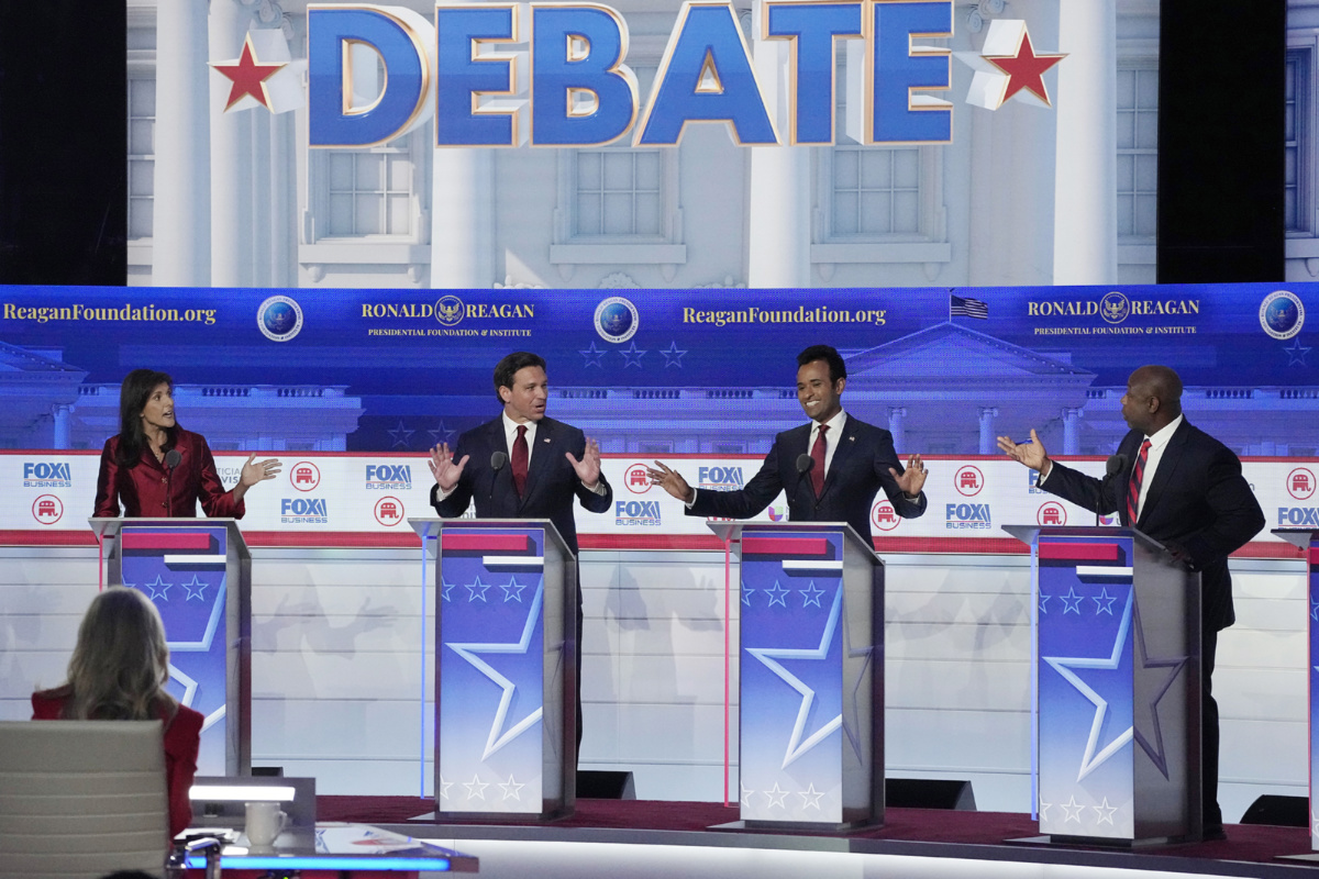 From left to right, former UN Ambassador Nikki Haley, Florida Gov Ron DeSantis, businessman Vivek Ramaswamy and Sen Tim Scott, argue a point during a Republican presidential primary debate hosted by FOX Business Network and Univision, on Wednesday, 27th September 2023, at the Ronald Reagan Presidential Library in Simi Valley, California