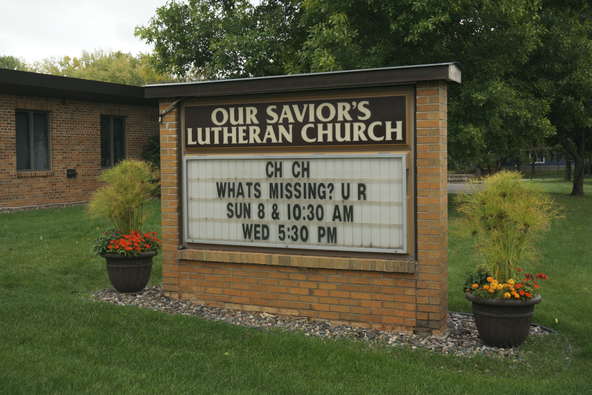 A humorous sign is seen outside Our Savior's Lutheran Church in Stillwater, Minn., on Wednesday, 27th September 2023.