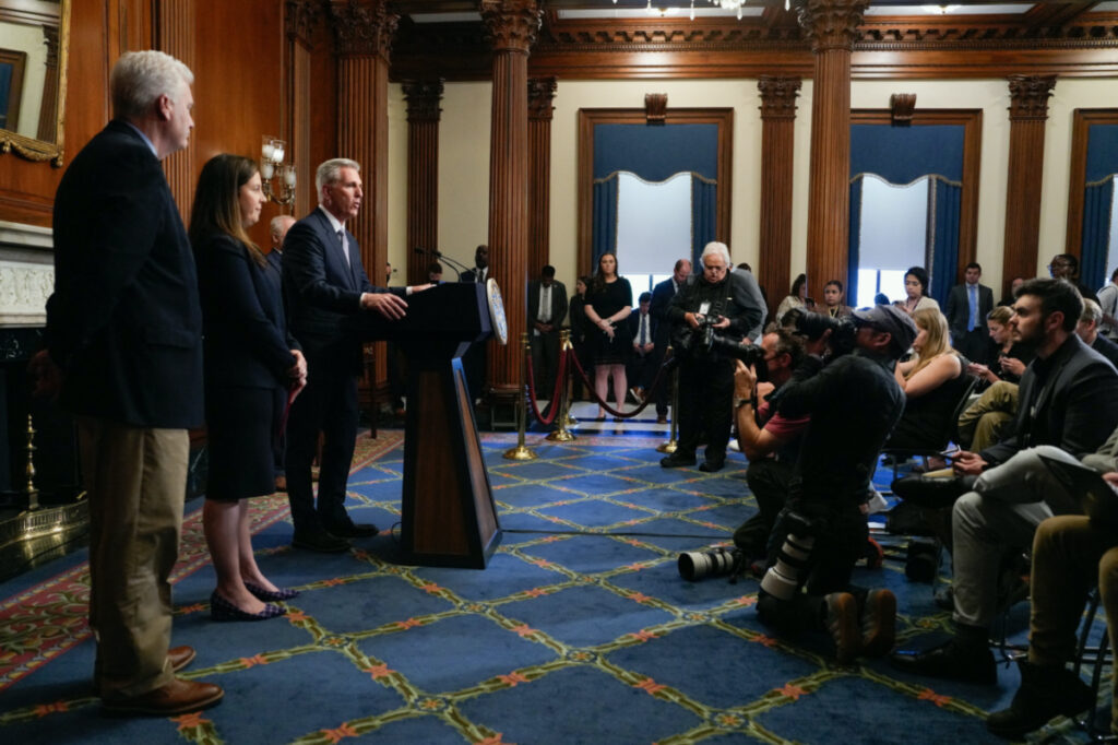 US House Speaker Kevin McCarthy speaks to reporters in the US Capitol after the House of Representatives passed a stopgap government funding bill to avert an immediate government shutdown, on Capitol Hill in Washington, US, on 30th September, 2023