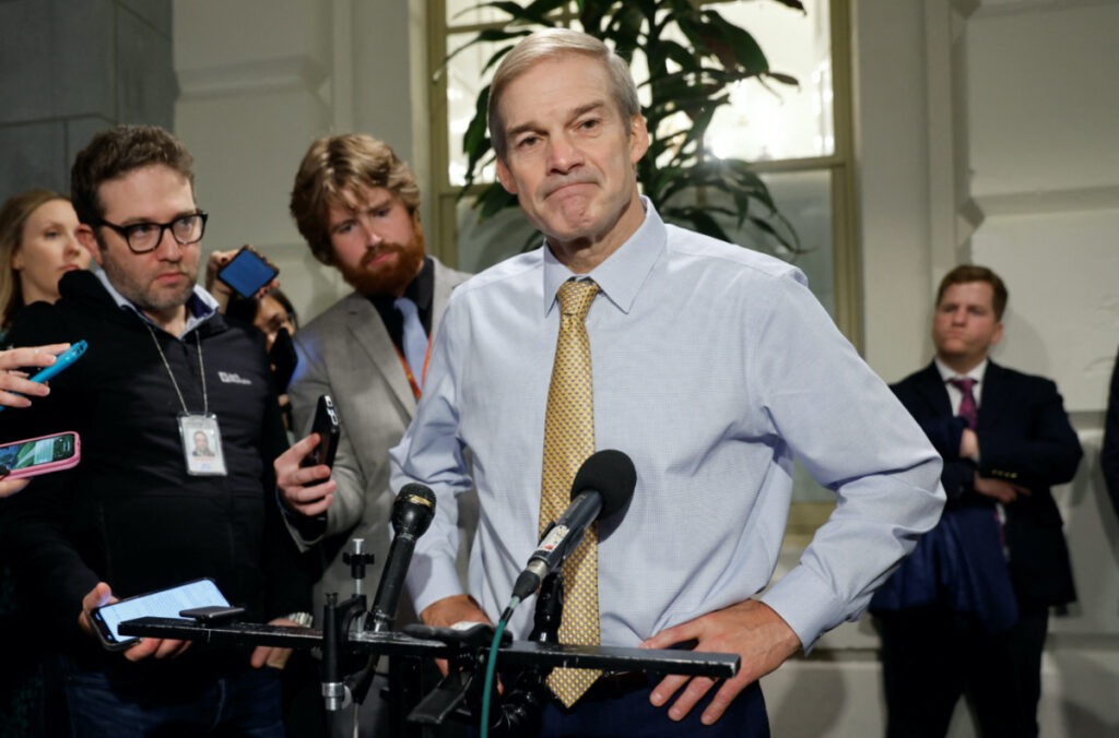 Rep Jim Jordan talks to reporters after dropping out of the race for Speaker of the House after he lost a secret ballot vote by members of the Republican conference on whether he should drop out of the race at the US Capitol in Washington, US, on 20th October, 2023.