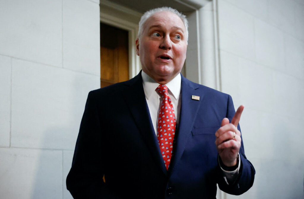US House Majority Leader Steve Scalise speaks as he walks to a candidate forum at the Longworth House office building, after Kevin McCarthy was ousted as Speaker of the House, at the US Capitol in Washington, DC, US, on 10th October, 2023