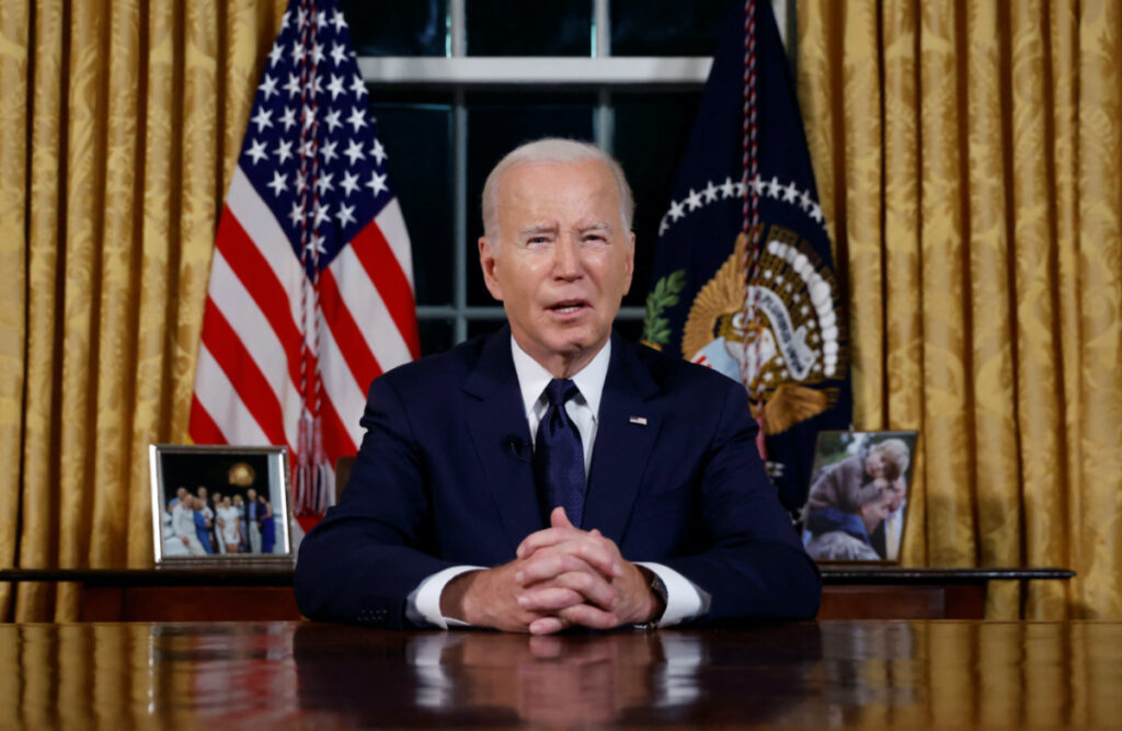 US President Joe Biden delivers a prime-time address to the nation about his approaches to the conflict between Israel and Hamas, humanitarian assistance in Gaza and continued support for Ukraine in their war with Russia, from the Oval Office of the White House in Washington, US, on 19th October, 2023