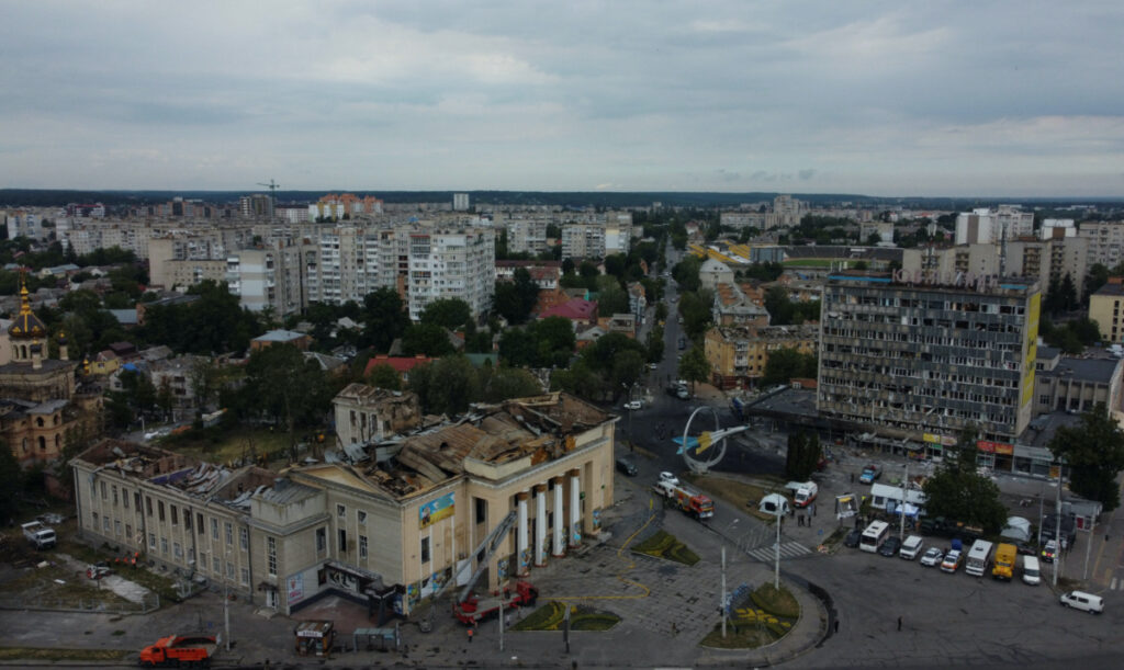 An aerial view shows buildings damaged by a Russian missile strike in Vinnytsia, Ukraine, on 15th July, 2022