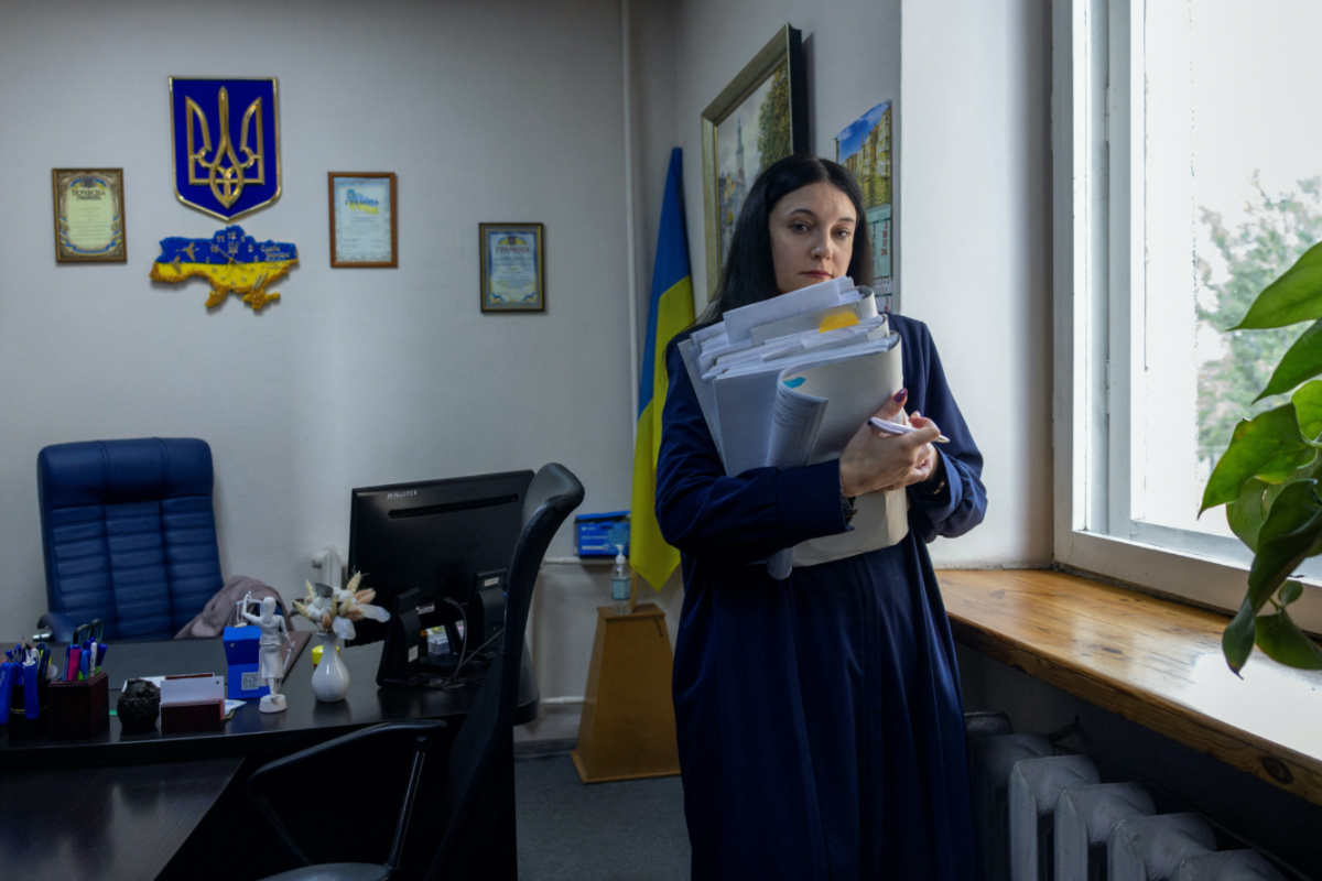 Vira Levko, a judge at the Dniprovskyi District Court of Kyiv City stands in her office in Kyiv, amid Russia's attack on Ukraine, on 12th October, 2023