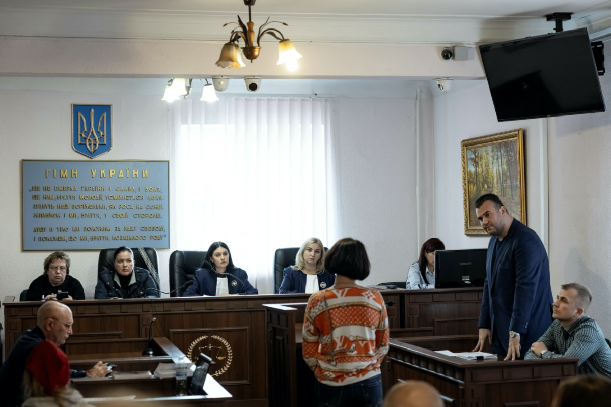 Judges Vira Levko and Yulia Ivanina hear a case at the Dniprovskyi district court in Kyiv, amid Russia's attack on Ukraine, on 12th October, 2023