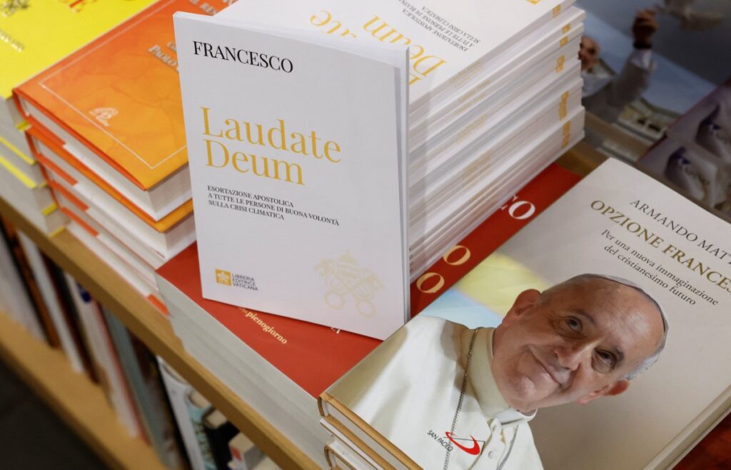 The document, known as an Apostolic Exhortation, titled "Laudate Deum", written by Pope Francis, is displayed in a bookshop near the Vatican in Rome, Italy, on 4th October, 2023