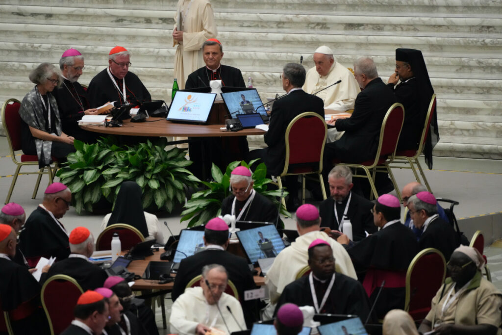 Pope Francis, sitting at top third from right, participates into the opening session of the 16th General Assembly of the Synod of Bishops in the Paul VI Hall at The Vatican, Wednesday, on 4th October, 2023