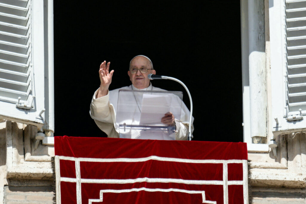 Pope Francis leads the Angelus prayer from his window at the Vatican, on 22nd October, 2023