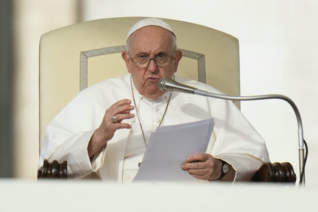 Pope Francis speaks during his weekly general audience in St Peter's Square at The Vatican, on 18th October, 2023