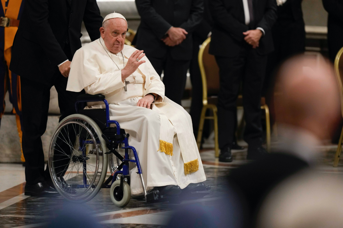 Pope Francis leaves after attending a prayer for peace inside St Peter's Basilica, at The Vatican, on Friday, 27th October, 2023