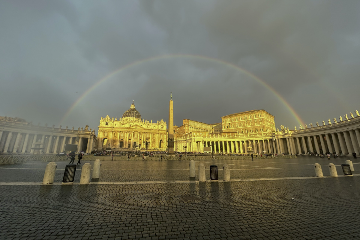 A rainbow shines over St Peter's Basilica prior to the start of Pope Francis weekly general audience at the Vatican on Wednesday, 25th October, 2023