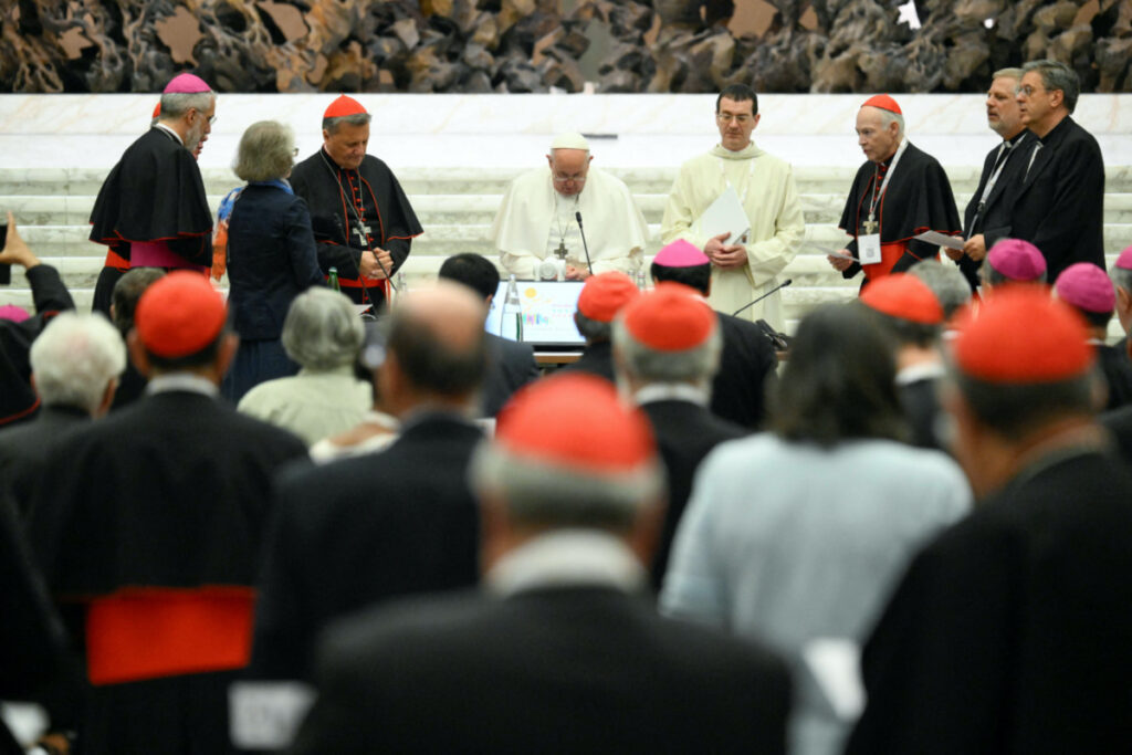Pope Francis attends a meeting of General Congregation during the Synod of Bishops at the Vatican, on 28th October, 2023