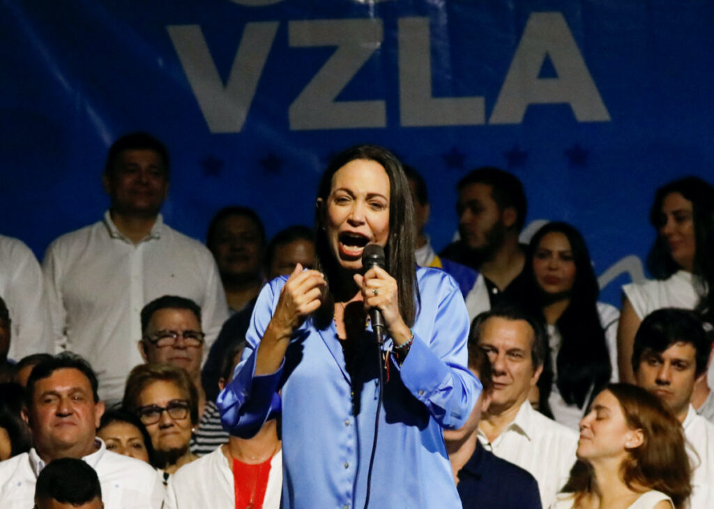 Industrial engineer and former lawmaker Maria Corina Machado addresses supporters as she reacts to the vote count, after Venezuelans voted in a primary to choose a unity opposition candidate to face Venezuela's President Nicolas Maduro in his probable re-election bid in 2024, in Caracas, Venezuela, on 23rd October, 2023