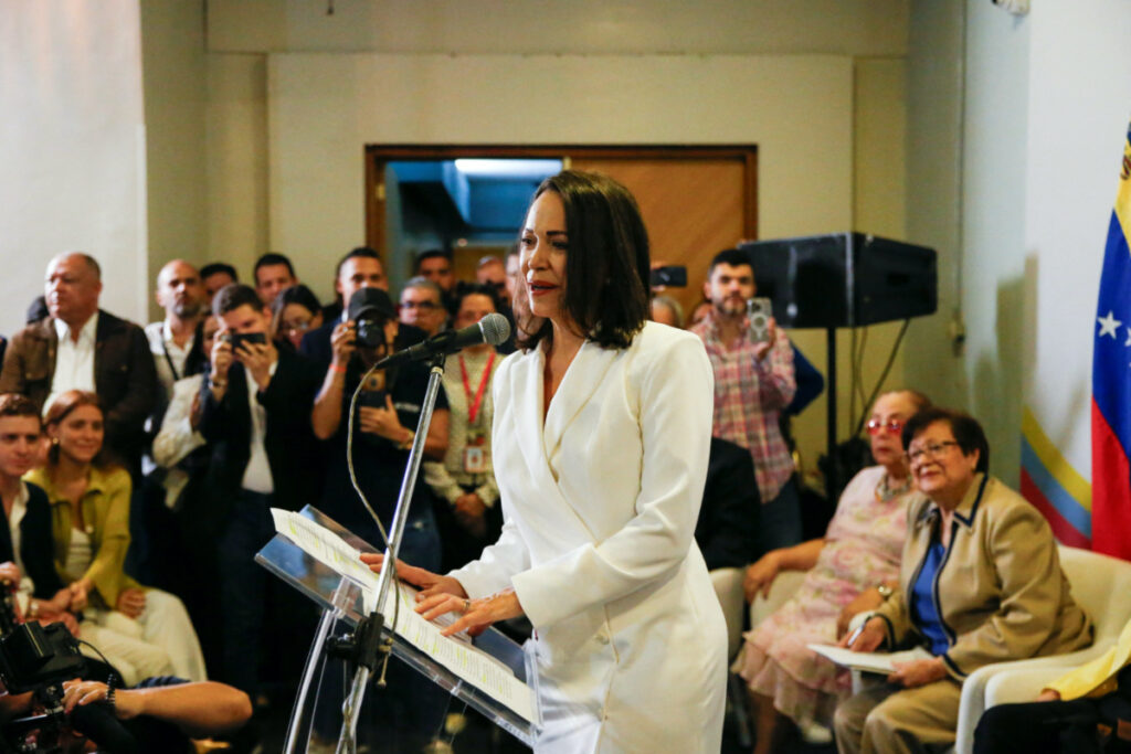 Venezuelan opposition leader Maria Corina Machado speaks during an event to receive the credential as winner of the 22nd October opposition's primary election, in Caracas, Venezuela on 26th October, 2023