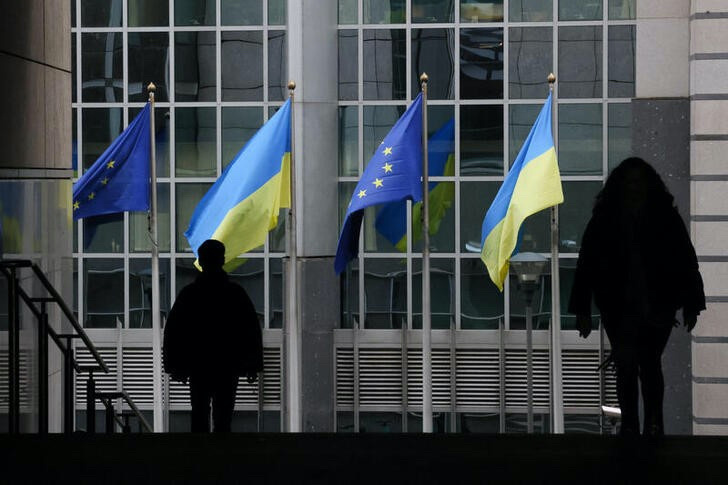 Flags of Ukraine fly in front of the EU Parliament building on the first anniversary of the Russian invasion, in Brussels, Belgium, on 24th February, 2023.