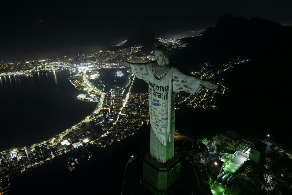 The Christ the Redeemer statue is illuminated with a welcome message for American singer Taylor Swift, in Rio de Janeiro, Brazil, on Thursday, 16th November, 2023.