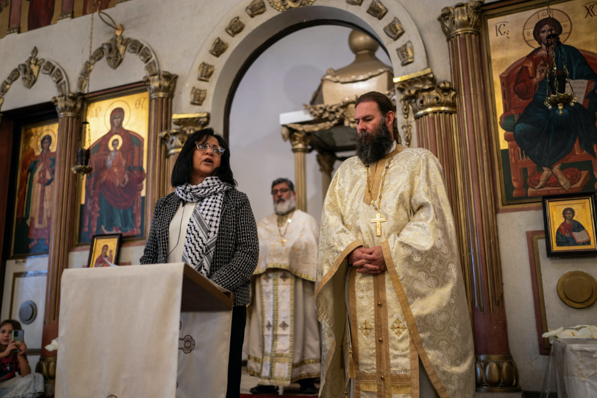 Vera Baboun, Palestinian ambassador to Chile, addresses the congregation during mass at the San Jorge Cathedral in the Patronato neighbourhood, in Santiago, Chile, on 22nd October, 2023.