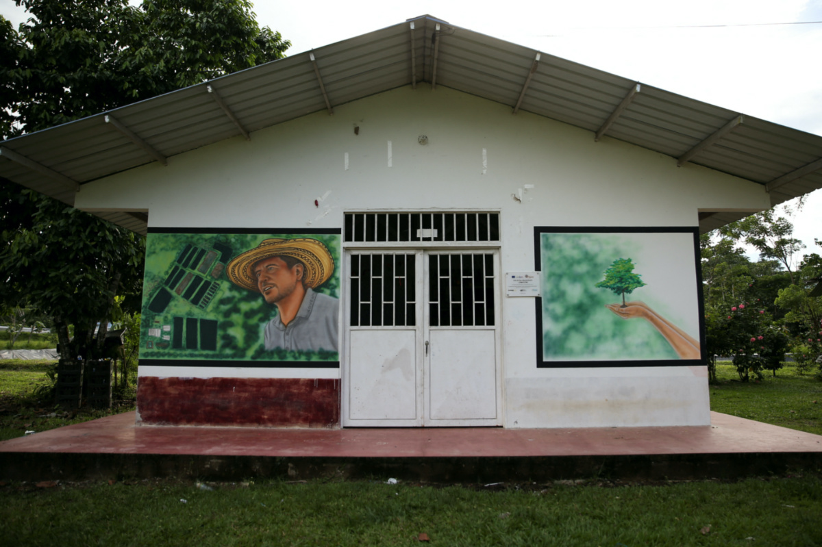 A mural with the image of Jorge Santofimio, murdered environmentalist and former guerrilla and signatory of the peace agreement between the Revolutionary Armed Forces of Colombia and the Colombian government, is seen at the Common Community Multiactive Cooperative farm in Puerto Guzman, Colombia, on 26th June, 2023.