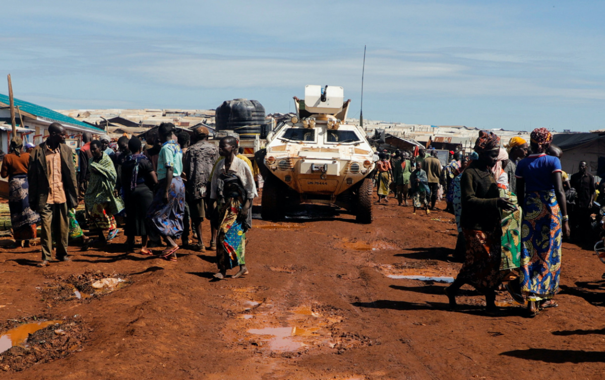 A United Nations Organization Stabilization Mission in the Democratic Republic of the Congo armoured personnel carrier drives through a road in Rhoe camp for the internally displaced people in Djugu's territory, Ituri's province, north-east of the Democratic Republic of Congo, on 20th April, 2023