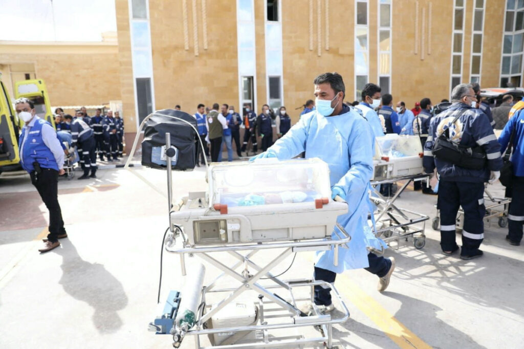 Medics transfer premature Palestinian babies evacuated from Gaza to ambulances on the Egyptian side of the Rafah border, amid the ongoing conflict between Israel and the Palestinian Islamist group Hamas, in Rafah, Egypt on 20th November, 2023