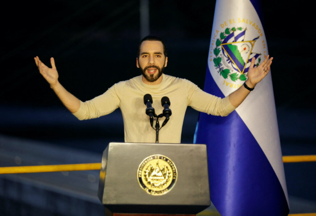 El Salvador's President Nayib Bukele speaks during the inauguration of the 3 de Febrero hydroelectric power plant in San Luis de La Reina, El Salvador on 19th October, 2023
