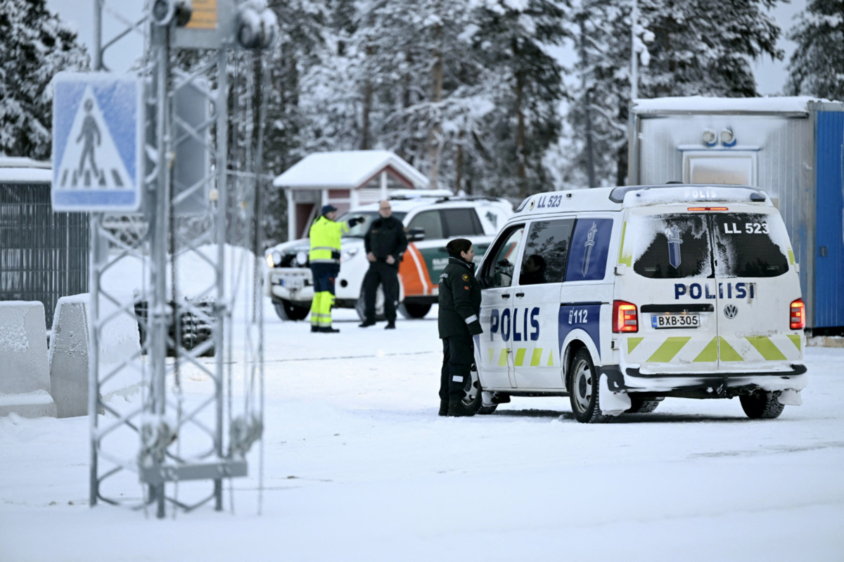 A view of Finnish border guards and police at the Raja-Jooseppi international border crossing station in Inari, northern Finland on 24th November, 2023