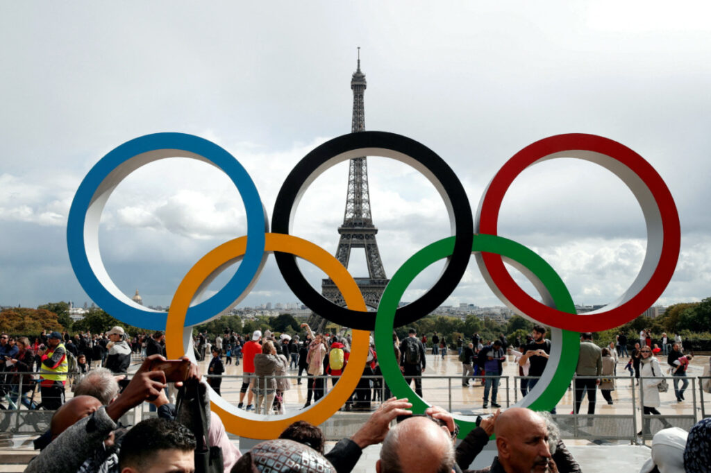 Olympic rings to celebrate the IOC official announcement that Paris won the 2024 Olympic bid are seen in front of the Eiffel Tower at the Trocadero square in Paris, France, on 16th September, 2017