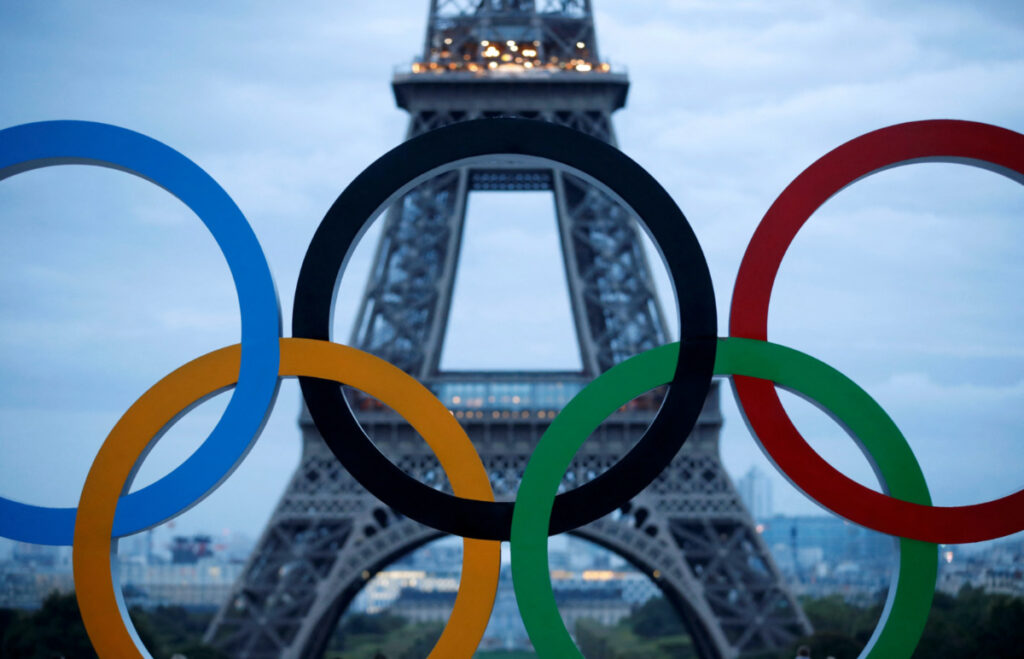 Olympic rings to celebrate the IOC official announcement that Paris won the 2024 Olympic bid are seen in front of the Eiffel Tower at the Trocadero square in Paris, France, on 14th September, 2017.