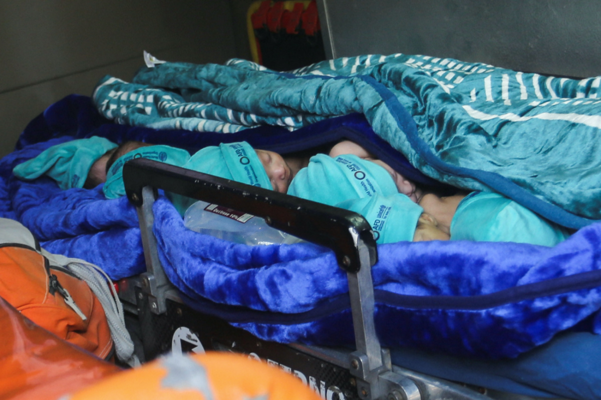 Premature babies, who were evacuated from Al Shifa Hospital, lie in an ambulance before they are transported for treatment in UAE, at Rafah border crossing with Egypt, in Rafah, in the southern Gaza Strip, on 20th November, 2023