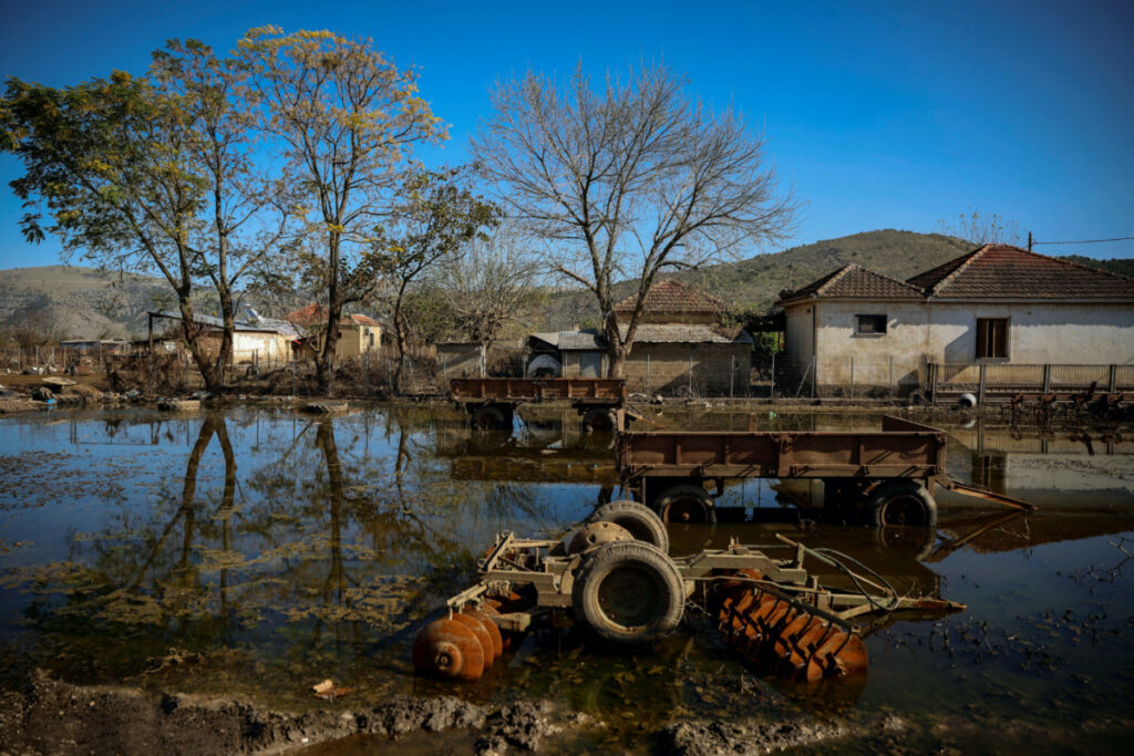 View of the still-flooded agriculture equipment in the village of Vlohos, two months after devastating storm flooded the area on 6th November, 2023