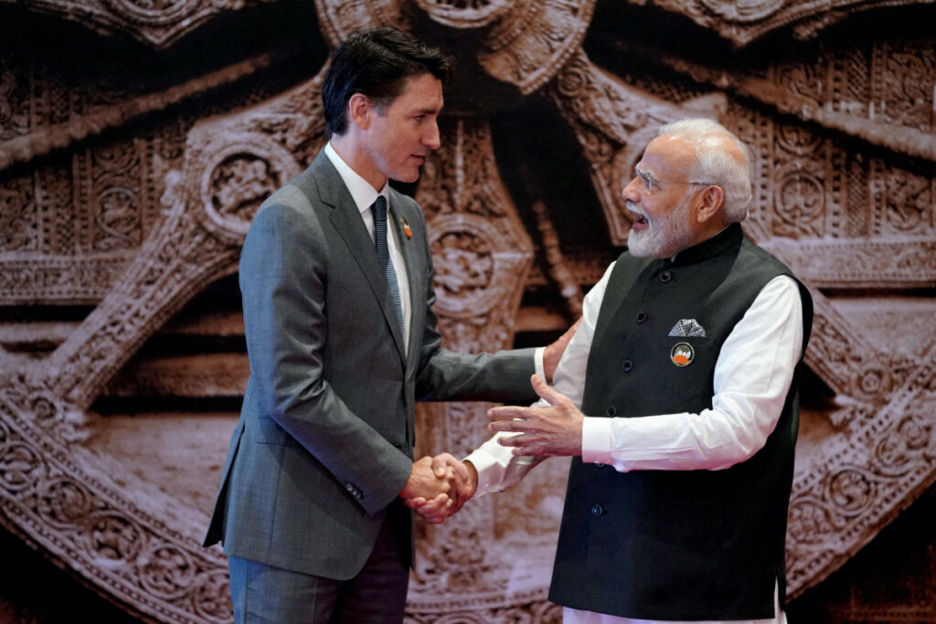 Indian Prime Minister Narendra Modi welcomes Canada Prime Minister Justin Trudeau upon his arrival at Bharat Mandapam convention centre for the G20 Summit, in New Delhi, India, on Saturday, 9th September, 2023.