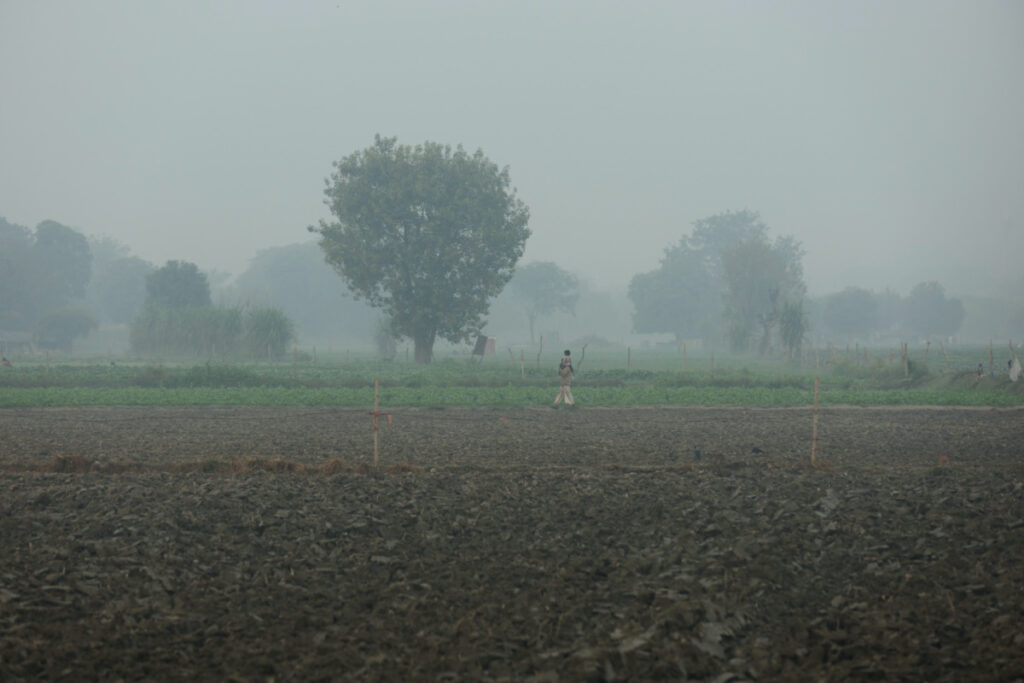 A man carrying a child on his shoulder walks across a field amidst the morning smog in New Delhi, India, on 9th November, 2023.