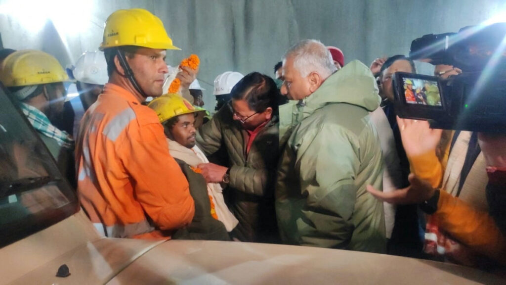 One of the trapped workers is checked out after he was rescued from the collapsed tunnel site in Uttarkashi in the northern state of Uttarakhand, India, on 28th November, 2023.