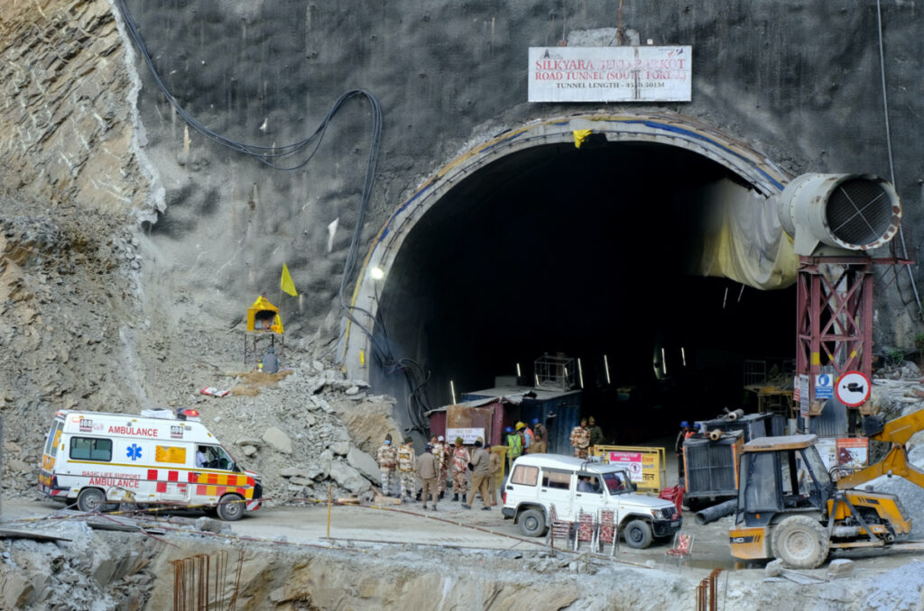 An ambulance arrives at the tunnel where workers are trapped after the tunnel collapsed in Uttarkashi in the northern state of Uttarakhand, India, on 23rd November, 2023.