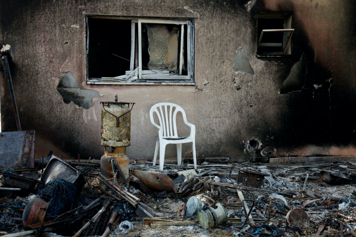 A view shows a destroyed home riddled with bullets, following the deadly 7th October attack by Hamas gunmen from the Gaza Strip, in Kibbutz Kfar Aza, southern Israel on 2nd November, 2023