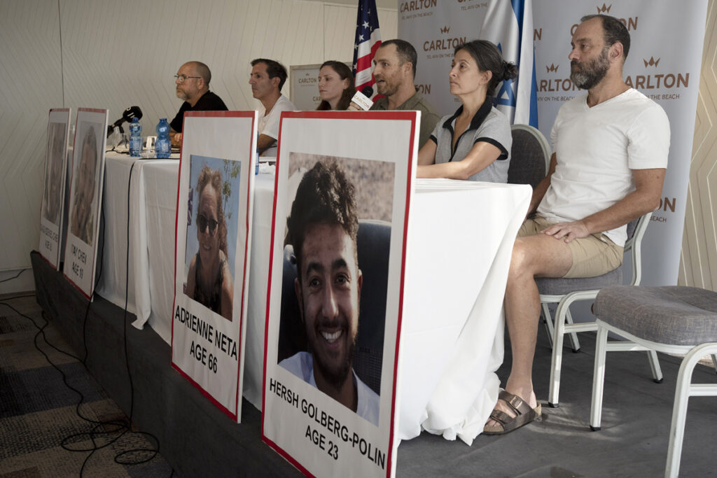 Relatives of US citizens that are missing since the Hamas attack attend a news conference in Tel Aviv, Israel, on Tuesday, 10th October, 2023.