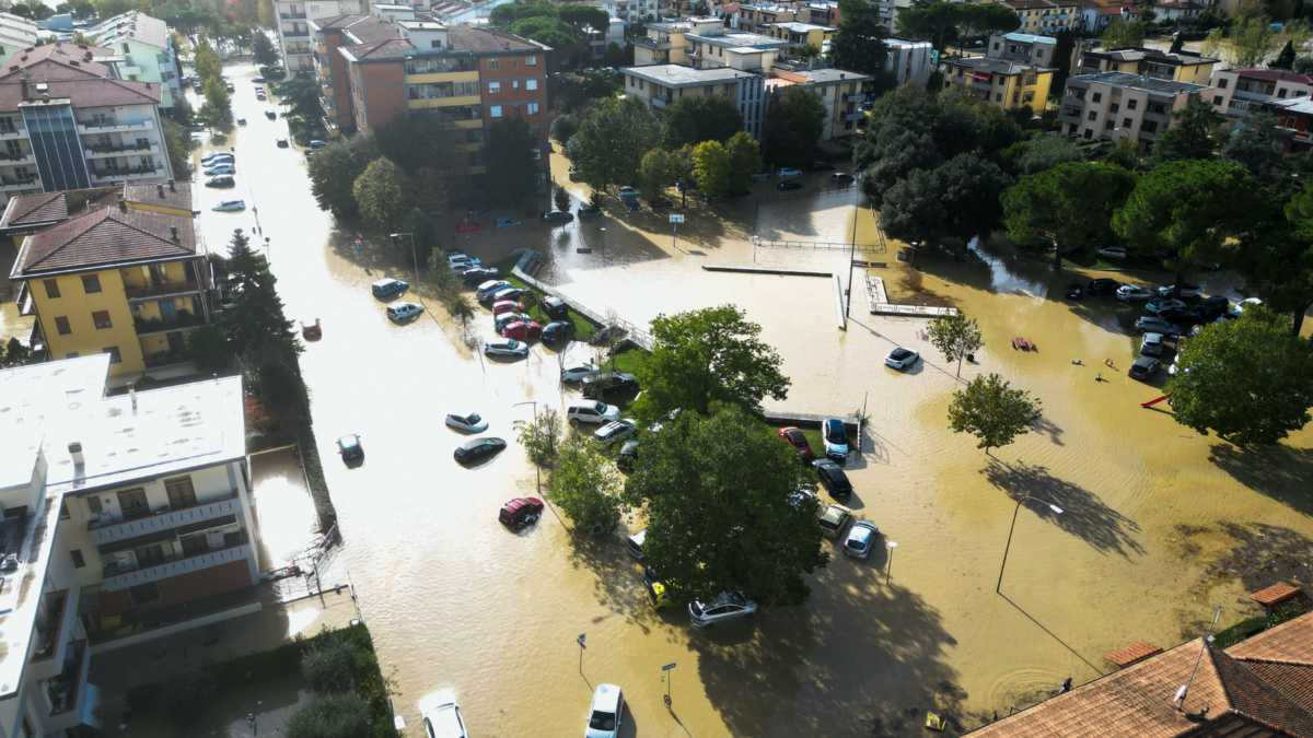 Aerial view of flooded streets in the aftermath of Storm Ciaran, in Campi Bisenzio, in Tuscany region, Italy, on 3rd November, 2023.