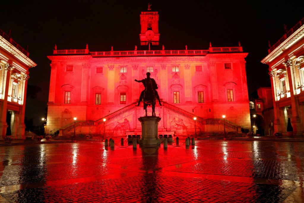 The Campidoglio, Rome's city hall, is lit up in red to honour women who have been killed by men to mark International Day for the Elimination of Violence Against Women, in Rome, Italy, on 25th November, 2021.