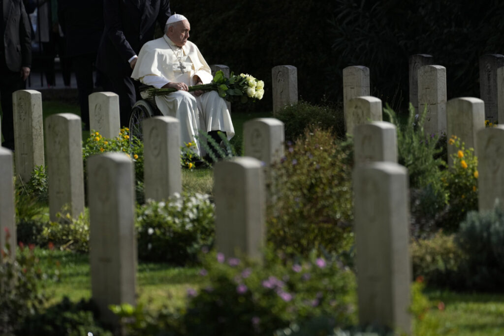 Pope Francis arrives to hold a Mass for the dead at Rome's Commonwealth cemetery with the graves of 426 war dead from WW II, on Thursday, 2nd November, 2023