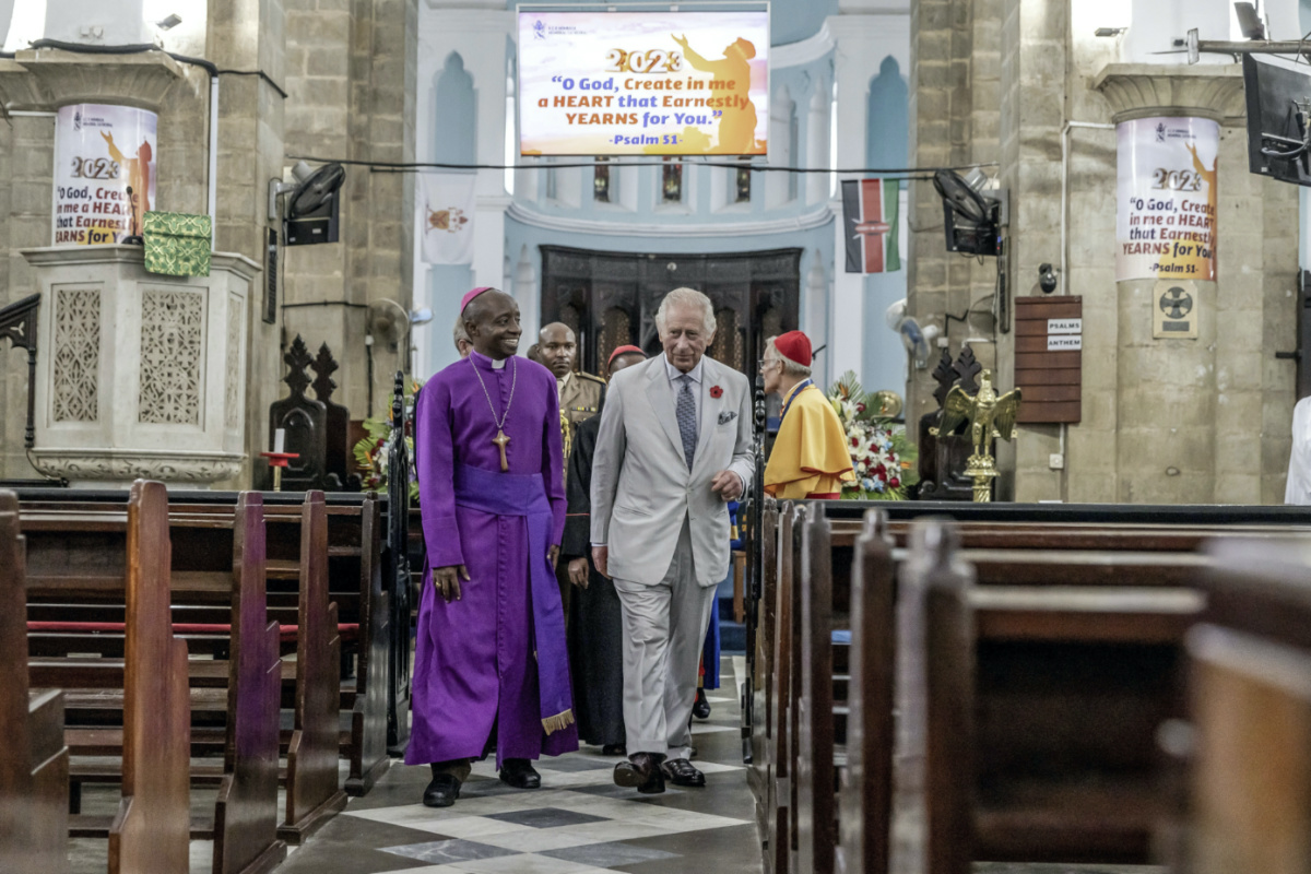 Britain's King Charles III walks with Bishop of the Anglican Diocese of Mombasa Alphonce Mwaro Baya, left, during an interfaith meeting at Mombasa Memorial Cathedral in Mombasa, Kenya, on Friday, 3rd November, 2023