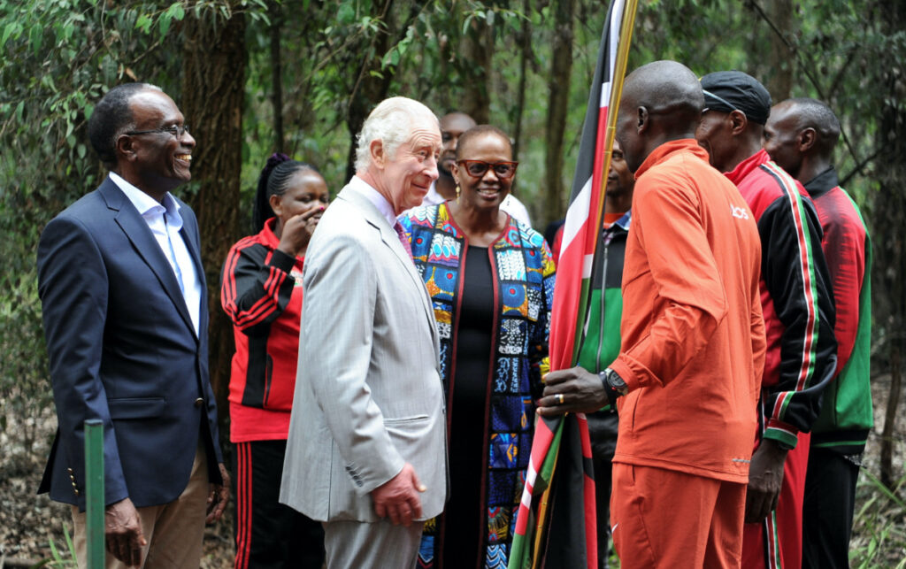 Britain's King Charles meets Kenyan marathon runner Eliud Kipchoge among other athletes during his visit to the Karura urban forest amidst a state visit to Kenya in Nairobi, Kenya, on 1st November, 2023