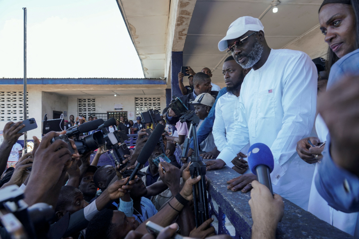 Leader of Liberia's ruling party Coalition for Democratic Change, President and former soccer player George Weah, speaks to the press after casting his vote during the presidential elections in Monrovia, Liberia, on 10th October, 2023