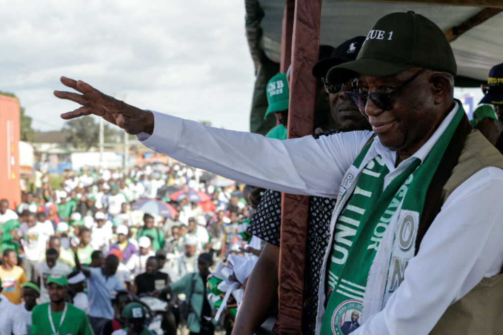 Liberia's opposition Unity Party Joseph Boakai waves to his supporters as holds his final campaign rally for the presidential elections in Monrovia, Liberia, on 7th October, 2023