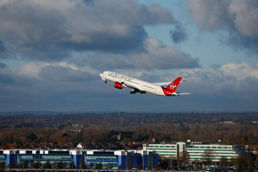 The first 100 per cent Sustainable Aviation Fuel transatlantic flight to John F Kennedy International Airport in New York takes off from Heathrow airport, in London, Britain, on 28th November, 2023.